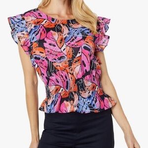 Tommy Hilfiger Tropical Pink, Orange & Purple Short Ruffle Sleeve Smocked Waist